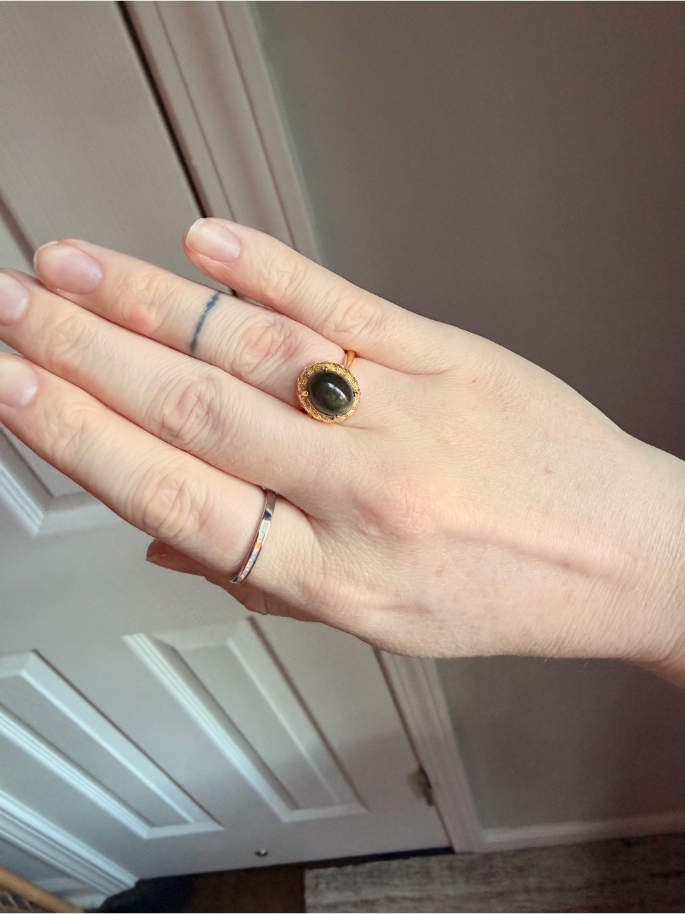 Gold Plated Ring with Dark Green Oval Stone - Women Jewelry adjustable